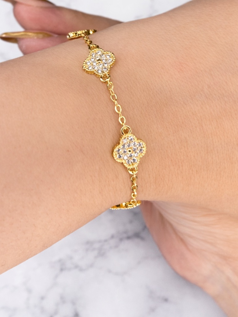 Gold Crystal Clover Link Bracelet w/adj chain - Elegant Women's Jewelry